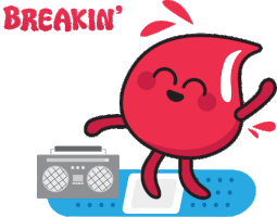 Smiling blood droplet dancing on a bandaid with a boombox